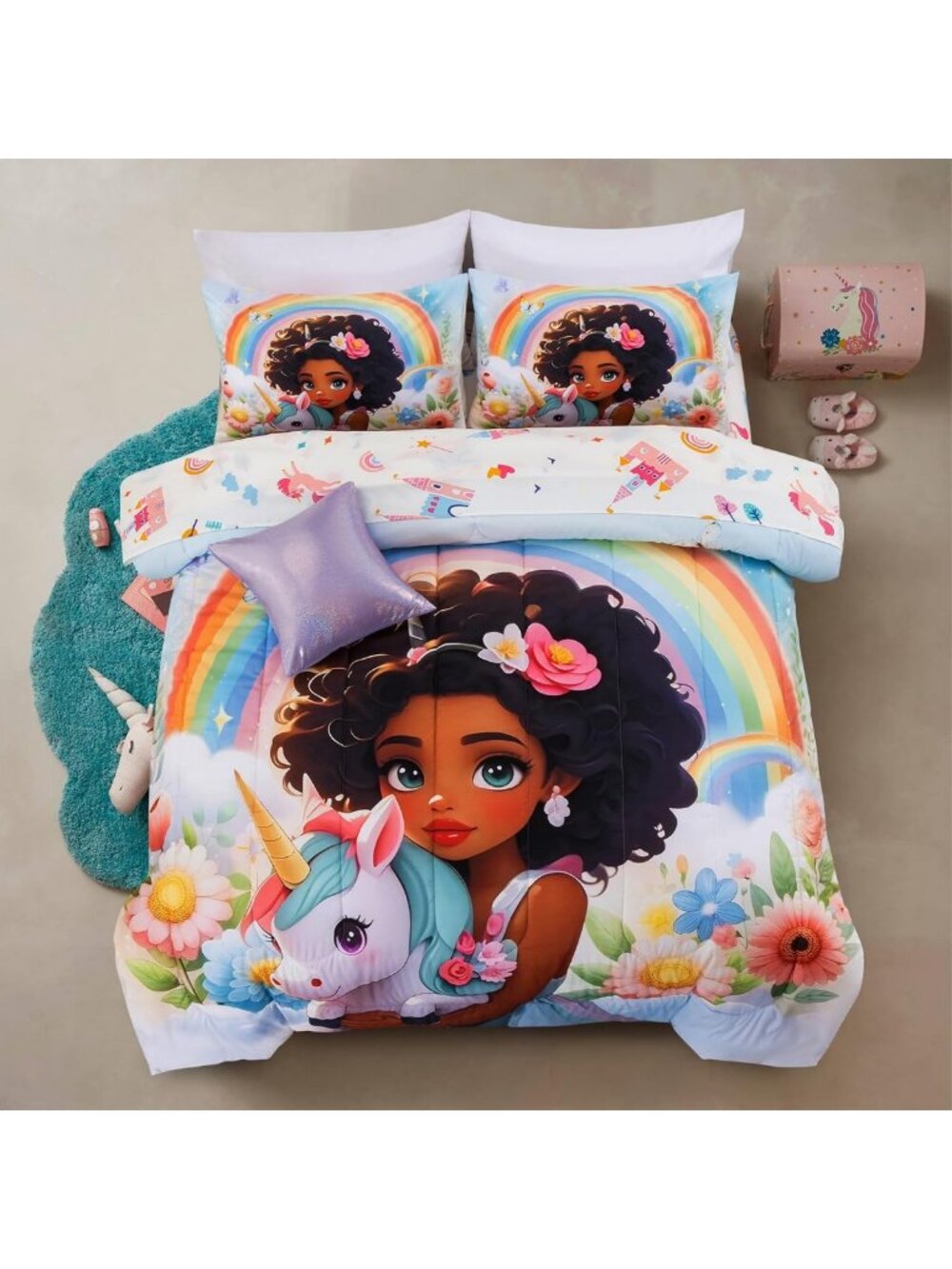 Rainbow Unicorn Twin Comforter Set - 6 Piece Floral Bedding for Girls & Teens